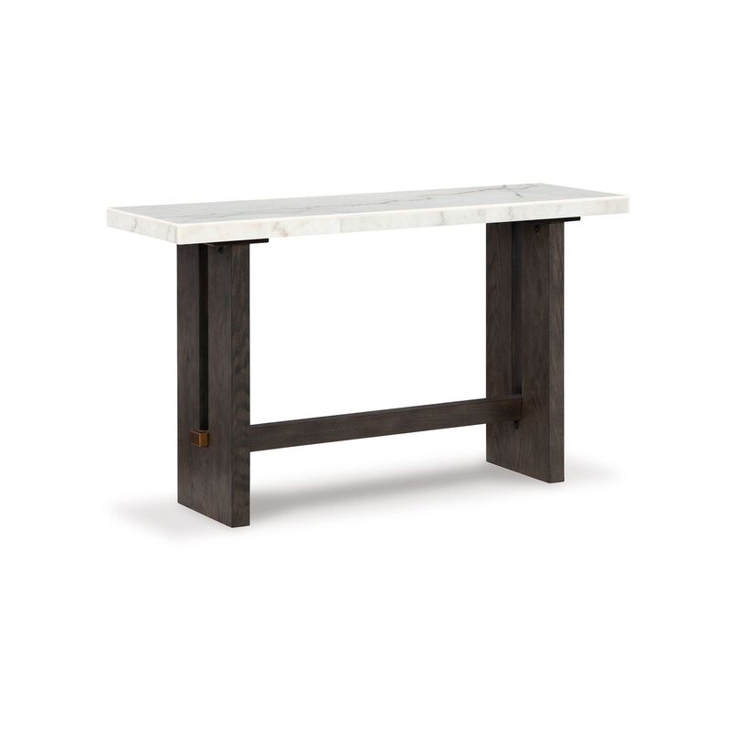Haus Sofa Console Table, Marble Top, Panel legs, 52 Inch Brown Wood - Benzara