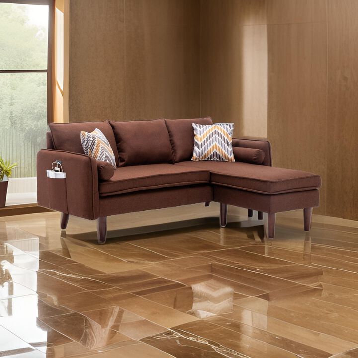 Ranon 70 Inch Sectional Chaise Sofa, Pillows, USB Ports, Side Pockets Brown - Benzara