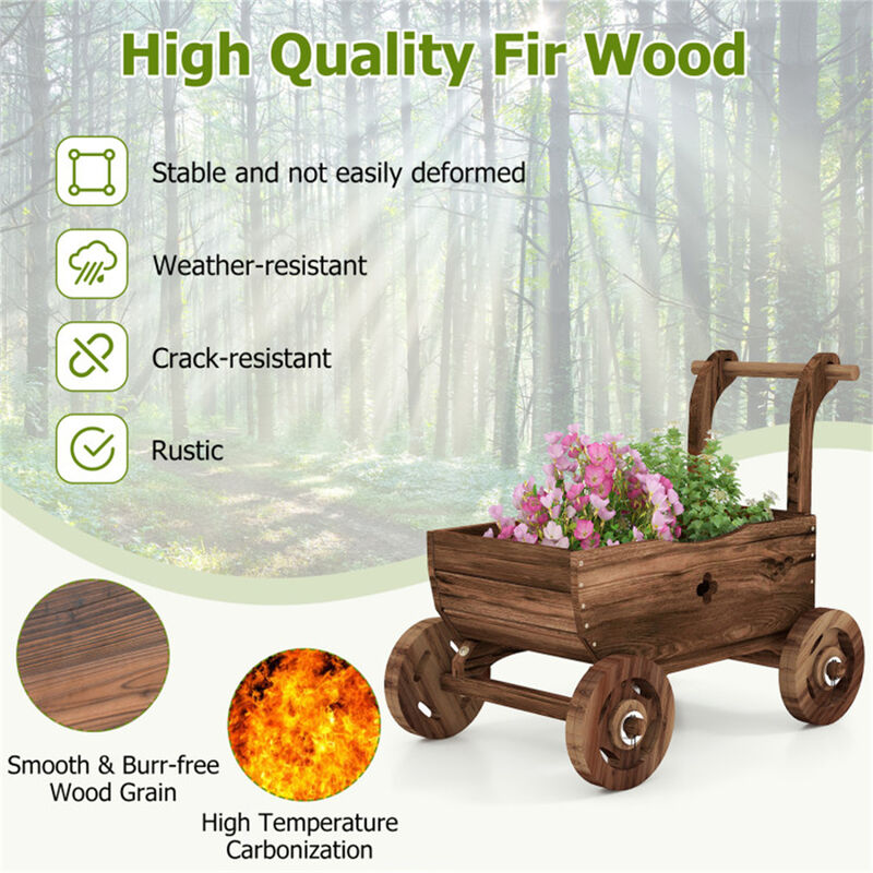 Rustic Wooden Wagon Cart, Rolling Garden Planter for Flowers & Plants