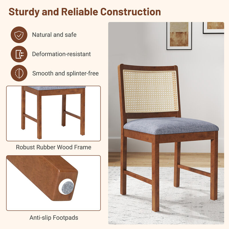 Rattan Dining Chair Set of 2 with Rubber Wood Frame and Linen Fabric Padded Seat