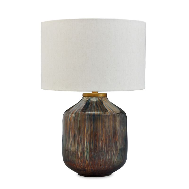 24 Inch Table Lamp, Mercury Glass Jar Base, White Drum Fabric Shade, Black - Benzara