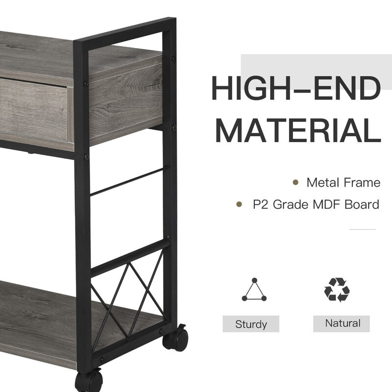 Gray Bedside Table: Rustic Wood Side Table with Drawer and Wheels