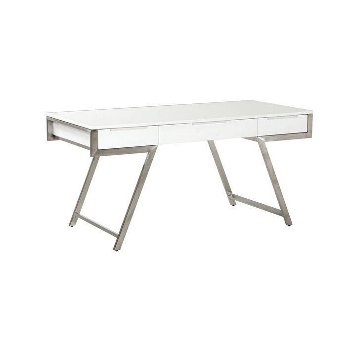 63 Inch Office Desk with a Drawer, White Gloss Finish, Chrome Metal Frame - Benzara