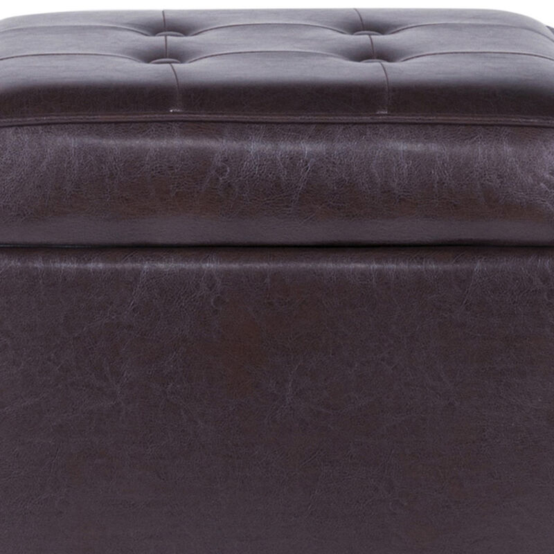 Square Shape Leatherette Upholstered Wooden Ottoman with Tufted Lift Off Lid Storage, Brown - Benzara
