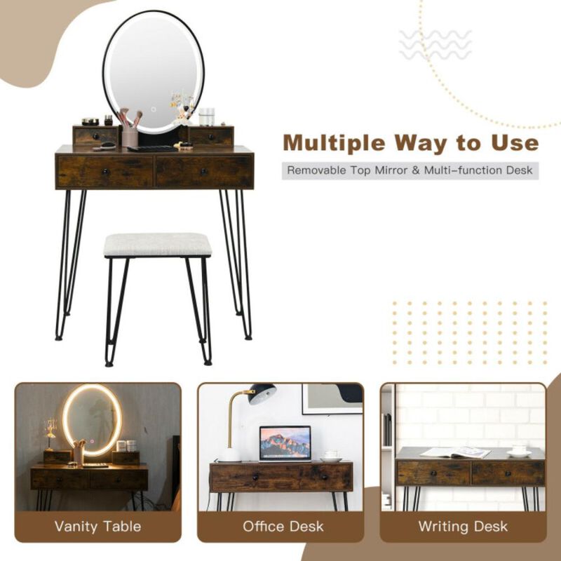 Hivvago Vanity Table Set with 3-Color Lighted Dimmable Mirror-Brown