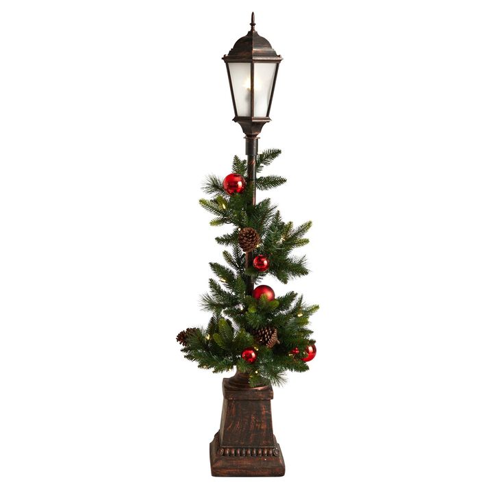 Nearly Natural 5-ft Holiday Decorated Lamp Post with Artificial Christmas Greenery, Ornaments and 50 LED Lights, Indoor Outdoor Patio Porch Decor