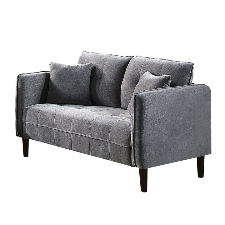 Hak 52 Inch Loveseat, Rounded Curved Arms, Biscuit Tufting, Wood Legs, Gray - Benzara