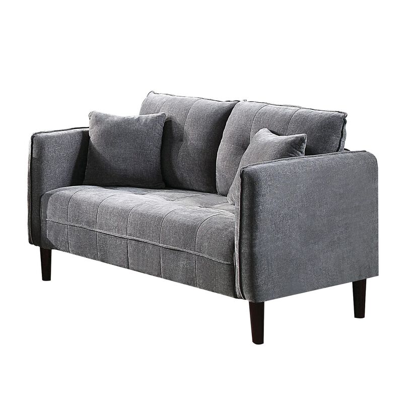 Hak 52 Inch Loveseat, Rounded Curved Arms, Biscuit Tufting, Wood Legs, Gray - Benzara