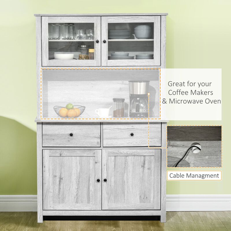 Ash Gray Kitchen Hutch: 63.5" Pantry with Glass Doors & Microwave Space