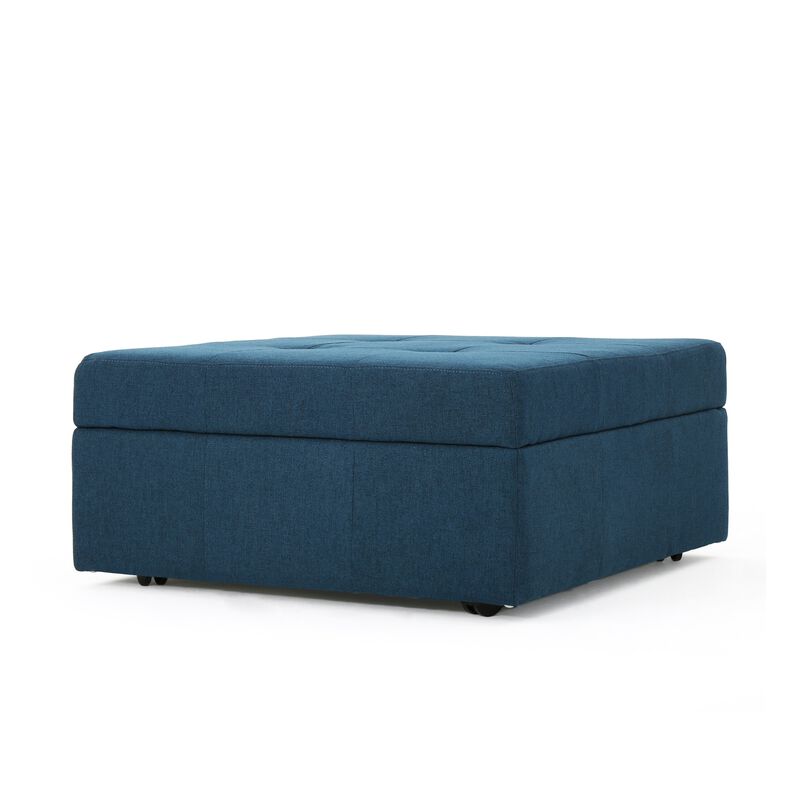 Low Accent Ottoman with Storage, 31 Inch Square, Tufted Navy Blue - Benzara