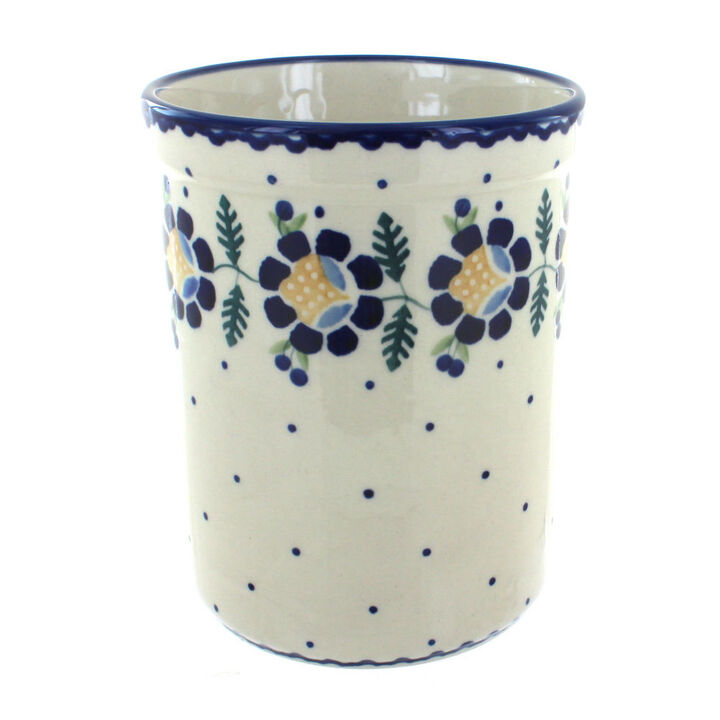 Blue Rose Polish Pottery Red Daisy Utensil Jar
