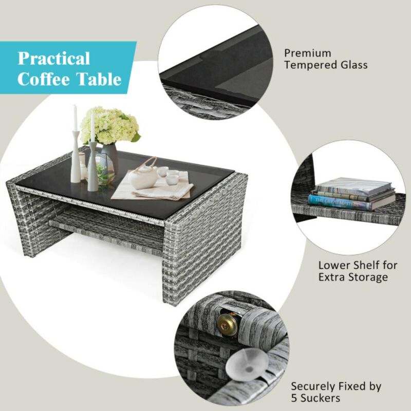 Hivvago 4 Pieces Patio Rattan Furniture Set Sofa Table with Storage Shelf Cushion