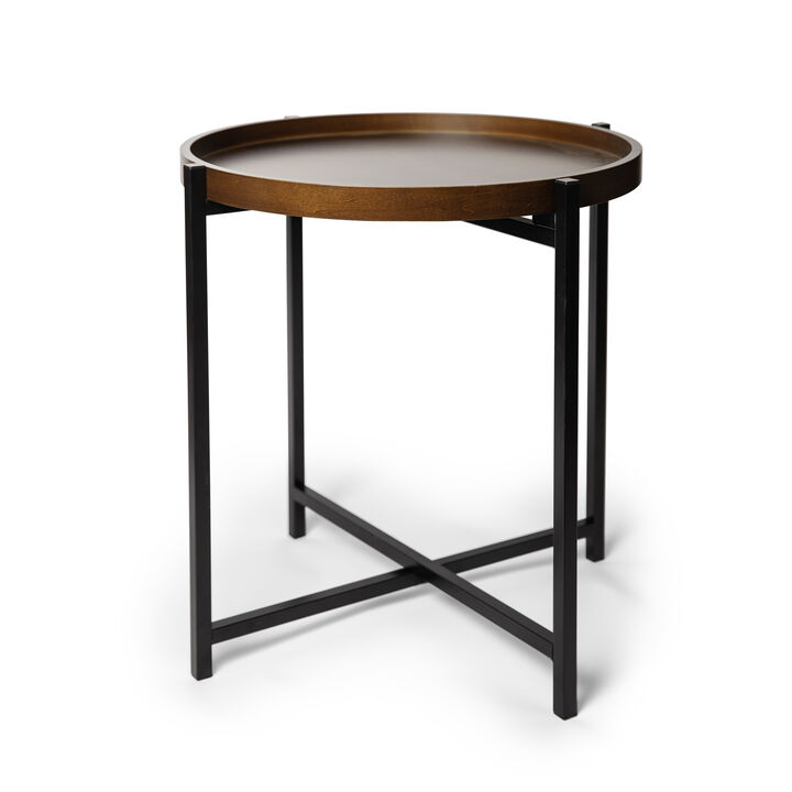 Mid-century Modern Round Side Table with Removable Wood Tray