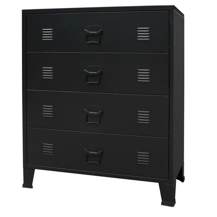 Storage Tall Dresser Chest, 4 Spacious Drawers, Black Metal Frame - Benzara