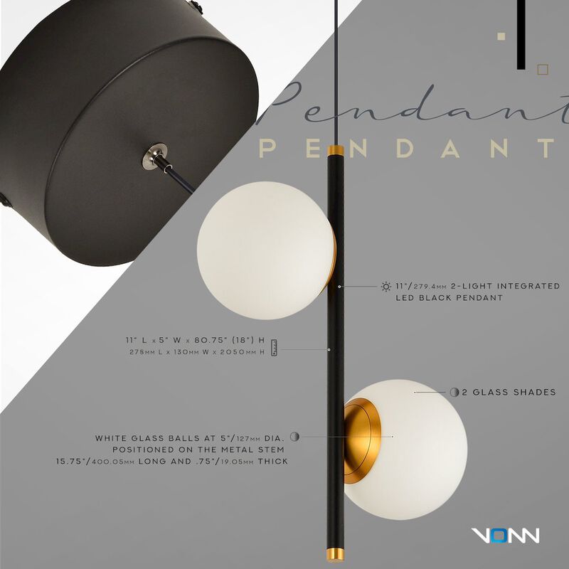 VONN Lighting 2-Light Integrated LED Height Adjustable Black Pendant Lighting