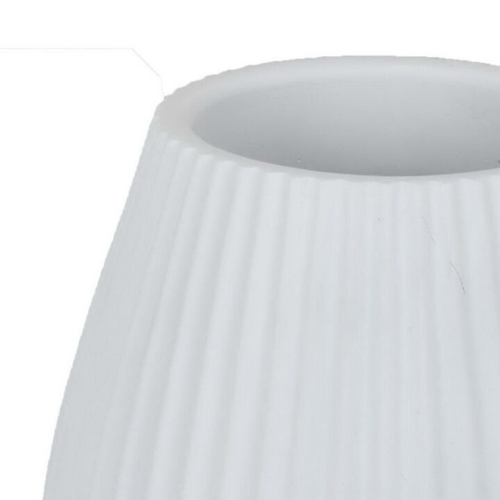 Azra Vase with Ribbed Texture and Wide Opening, 8 Inch White Resin - Benzara
