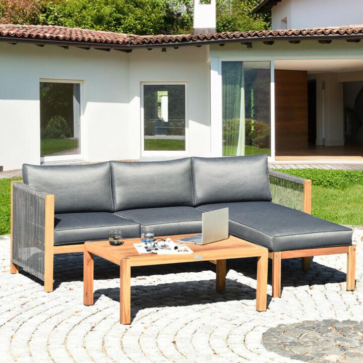Hivvago 3 Pieces Patio Acacia Wood Sofa Furniture Set with Nylon Rope Armrest