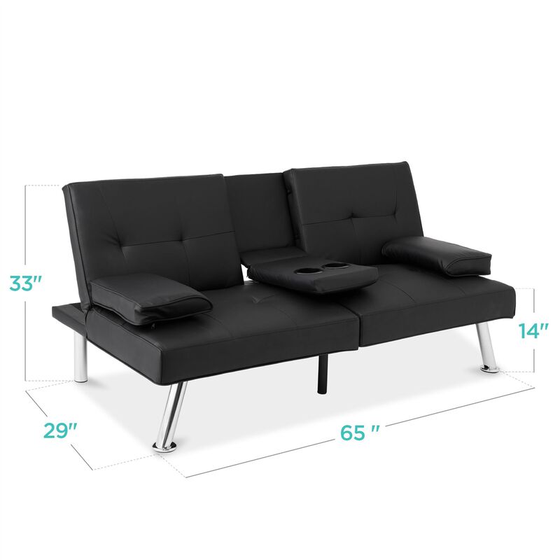 Hivvago Black Faux Leather Convertible Sofa Futon with 2 Cup Holders