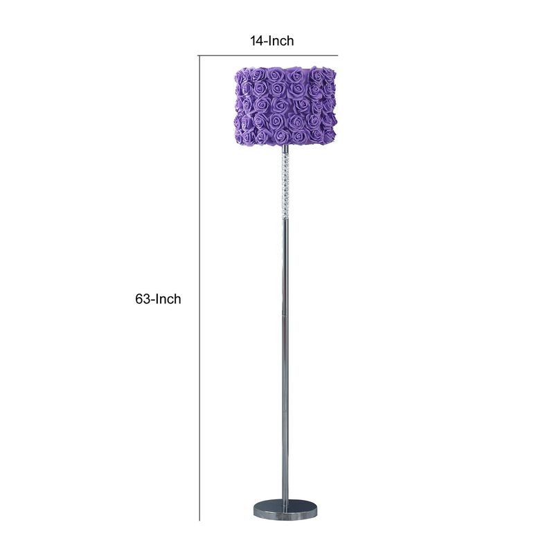 Finn 63 Inch Glamorous Floor Lamp, Rose Accent Shade, 100W, Purple, Silver-Benzara