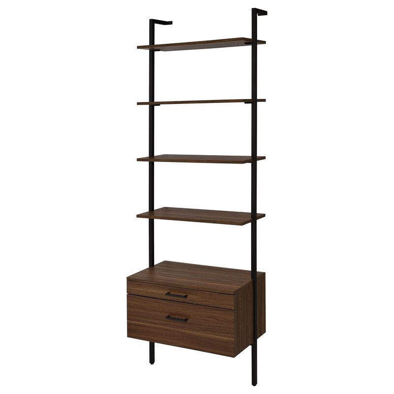 Wens Wall Mounted Bookcase Unit, 4 Shelves, 2 Drawers, Black Brown - Benzara