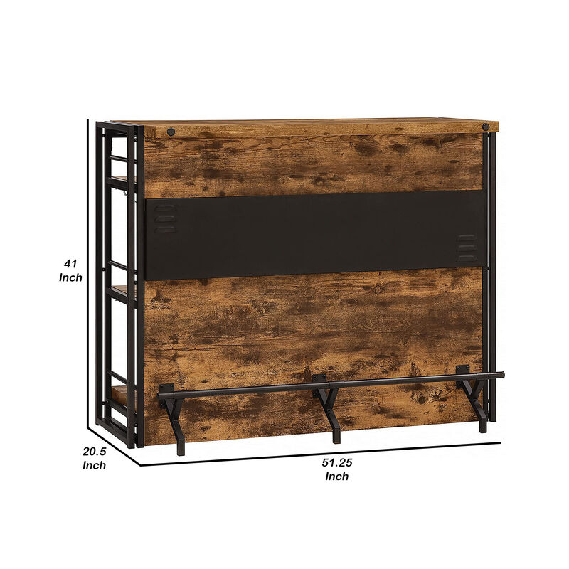 Urban Wooden Bar Unit with Stemware Rack, Wire Brushed Black-Benzara