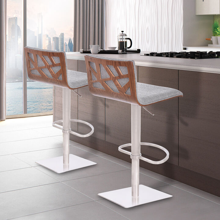 Crystal Adjustable Height Swivel Grey Fabric and Walnut Stool with Brushed Stainless Steel Base