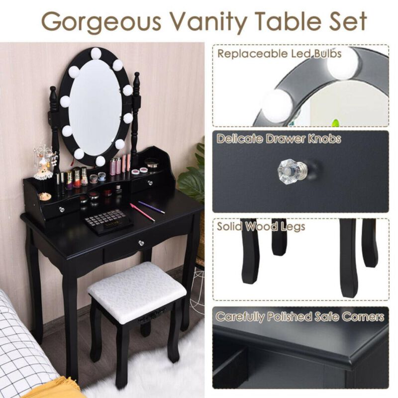 Hivvago Oval Mirror Vanity Set  with 10 LED Dimmable Bulbs and 3 Drawers