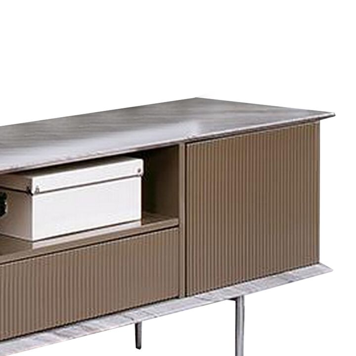 70 Inch TV Entertainment Console, 1 Drawer, Shelves, White, Brown, Gray - Benzara