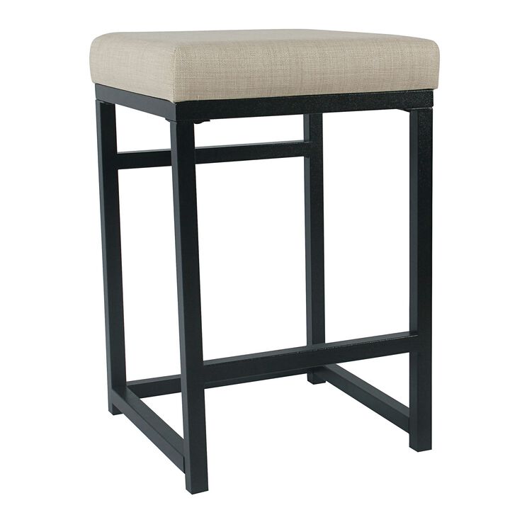Open Back Metal Counter Stool with Fabric Upholstered Padded Seat, Beige and Black - Benzara