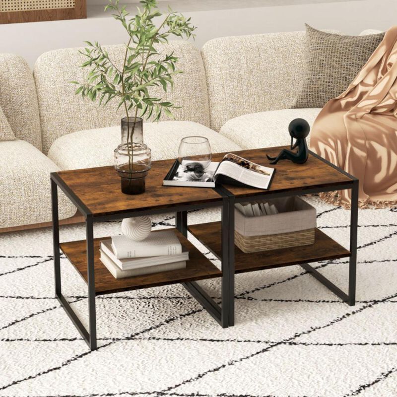 Hivvago 2 Pieces Industrial 2-Tier Side Table Set with Open Shelf-Rustic Brown