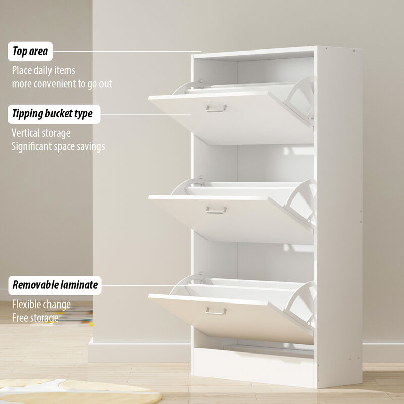 23.6 in. W x 45.5 in. H White Wood 18-Pair Wood Shoe Storage Cabinet with 6-Foldable Compartments