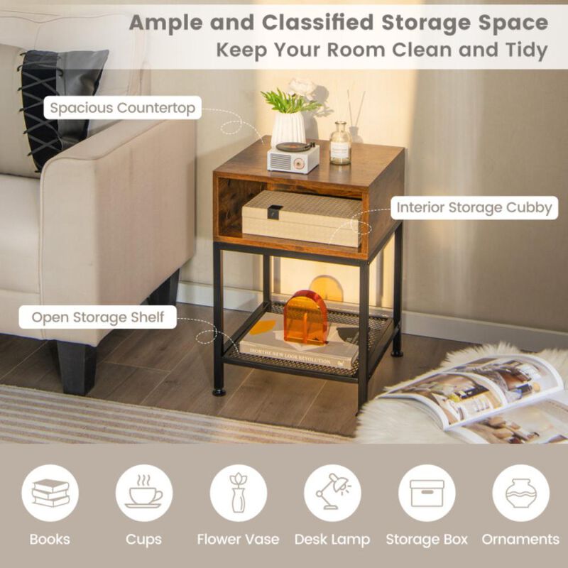 Hivvago Industrial Nightstand End Side Table with Mesh Shelf