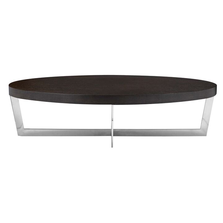 Tini 55 Inch Coffee Table, Oval Top, Chrome Frame, Espresso Brown Finish - Benzara