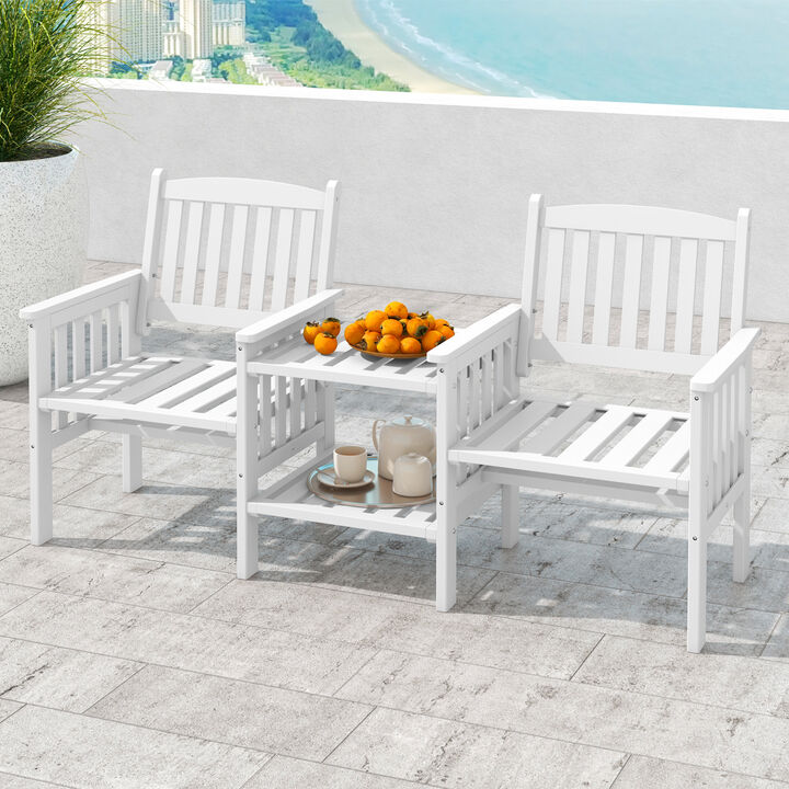 Outdoor Fir Wood Loveseat with 2-Tier Side Table and Umbrella Hole