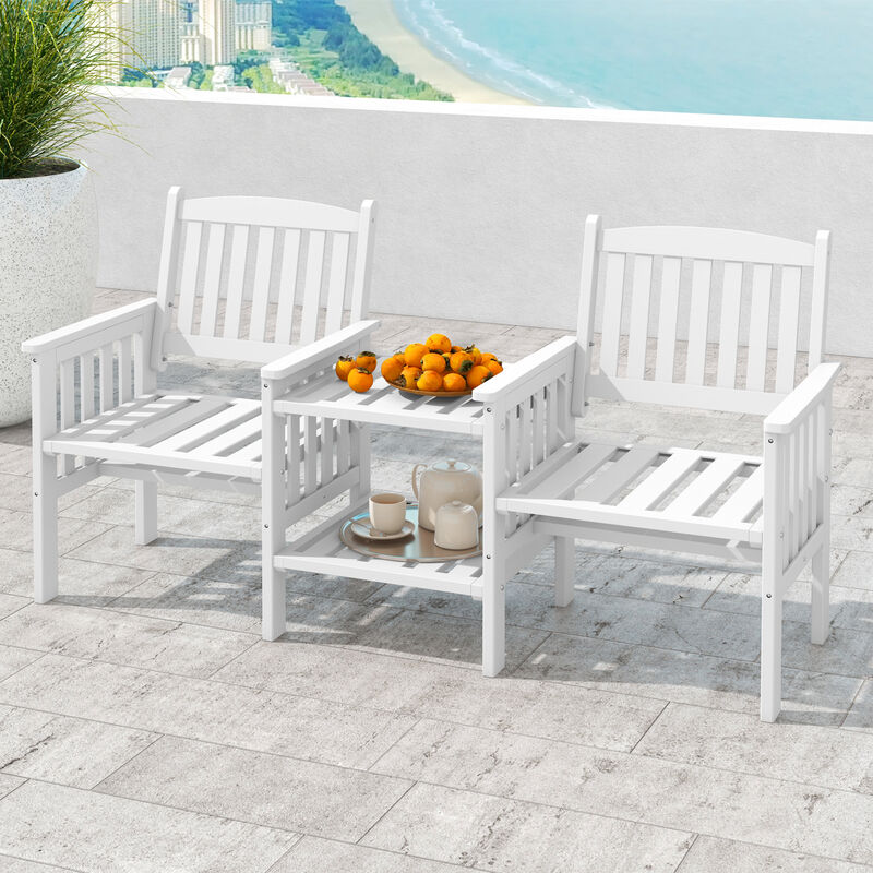 Outdoor Fir Wood Loveseat with 2-Tier Side Table and Umbrella Hole