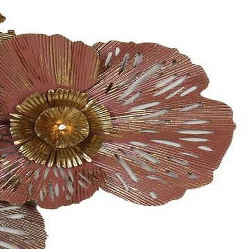 45 Inch Hanging Wall Art Decor, 3D Multiple Flowers, Metal, Brown, Gold - Benzara