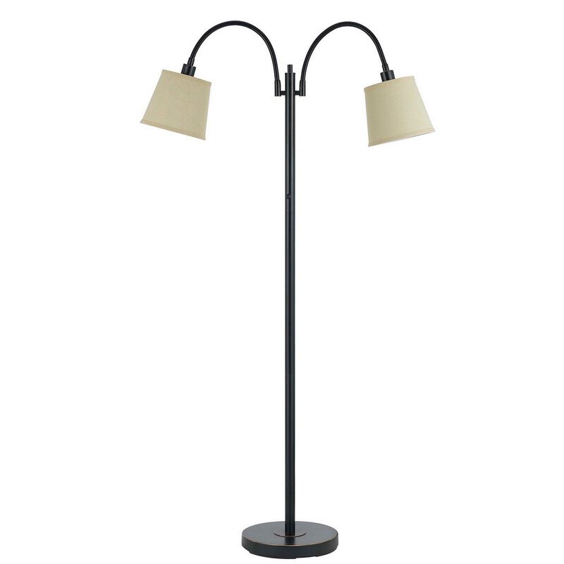 80 Watt Metal Floor Lamp with Dual Gooseneck and Uno Style Shades, Black-Benzara