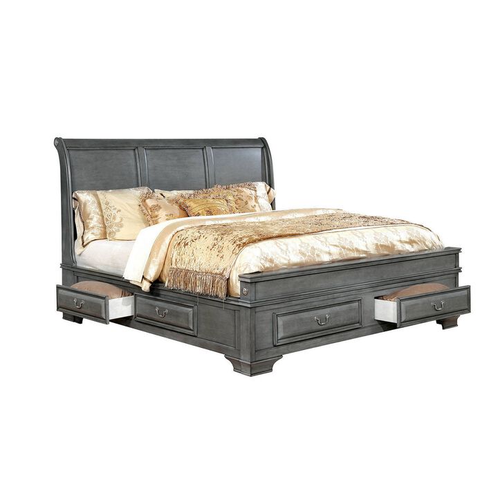 Transitional California King Wooden Bed with Multiple Bottom Drawers, Gray-Benzara