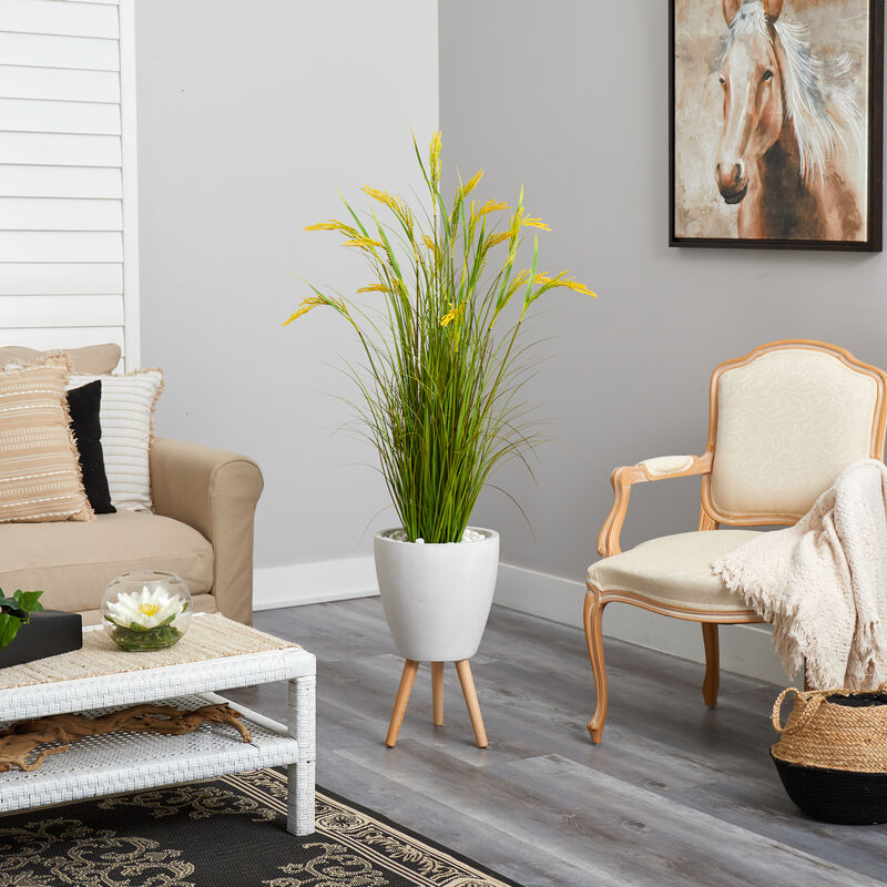 Hivvago 5" Wheat Grain Artificial Plant in White Planter with Legs