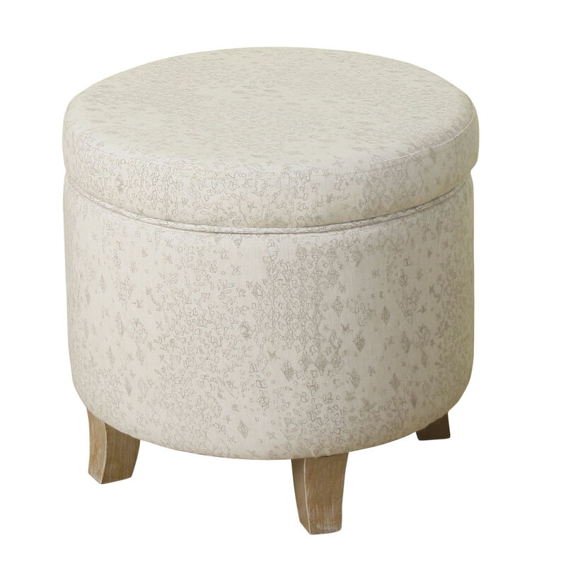 Fabric Upholstered Round Wooden Ottoman with Lift Off Lid Storage, Gray and Brown - Benzara