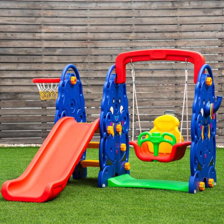 Hivvago 3-in-1 Junior Children Freestanding Design Climber Slide Swing Seat Basketball Hoop
