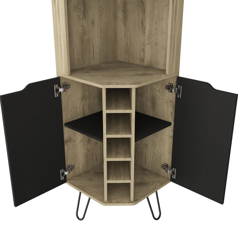 DEPOT E-SHOP Bursan Corner Cabinet Six Built-in Wine Rack, Two Shelves, Four Shelves, Macadamia / Black