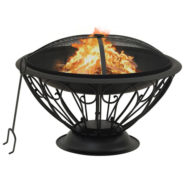 Outdoor Fire Pit with Poker and Mesh Cover, 30 Inch Black Steel Frame - Benzara