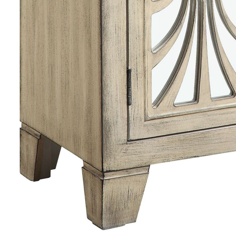 Console Table with 2 Glass Doors and Floral Motif, Antique White-Benzara