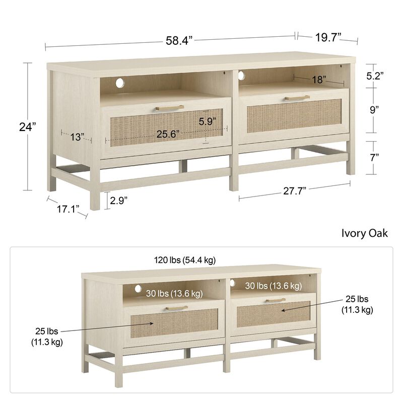 Lennon TV Stand for TVs up to 60", Ivory Oak and Faux Rattan