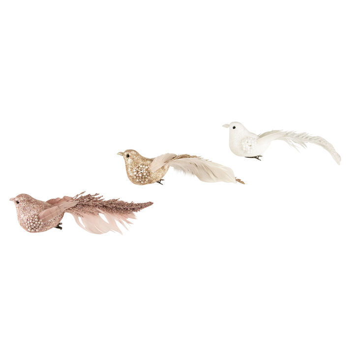 Set of 3 Glittered Pink  White and Champagne Bird Christmas Ornament with Clip  6.5"