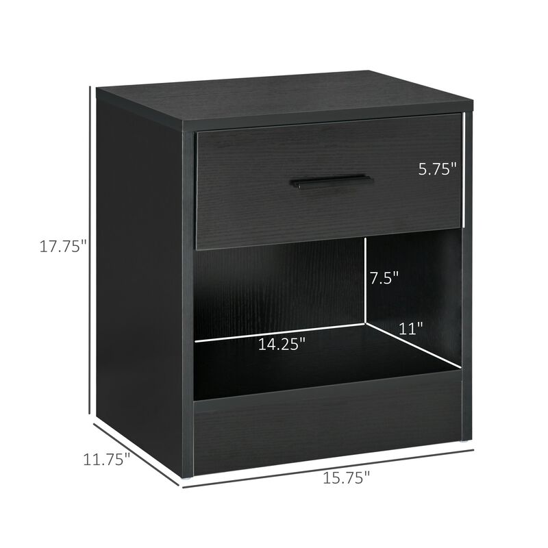 Black Wood Nightstand: Modern End Table with Drawer and Shelf