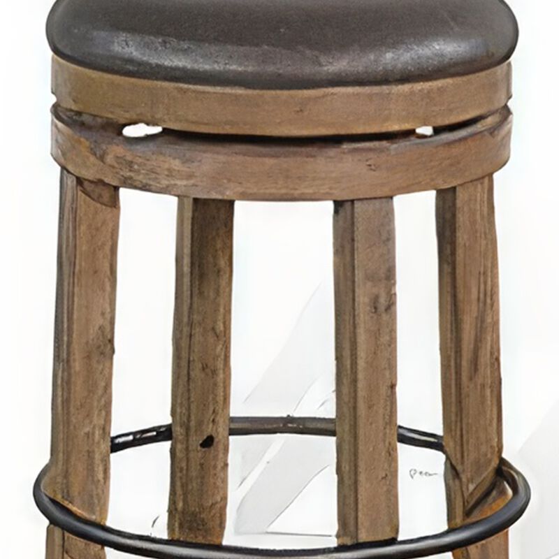 Yael Swivel Counter Stool Set of 2, Gray Faux Leather, Brown, Black - Benzara
