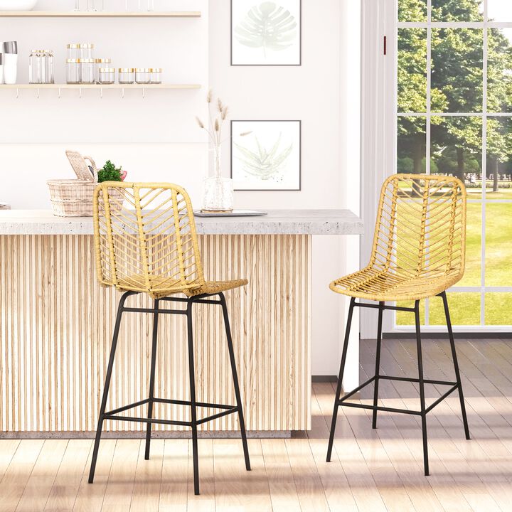 Rattan Bar Seating: Set of 2 Wicker Counter Stools with Steel Frame