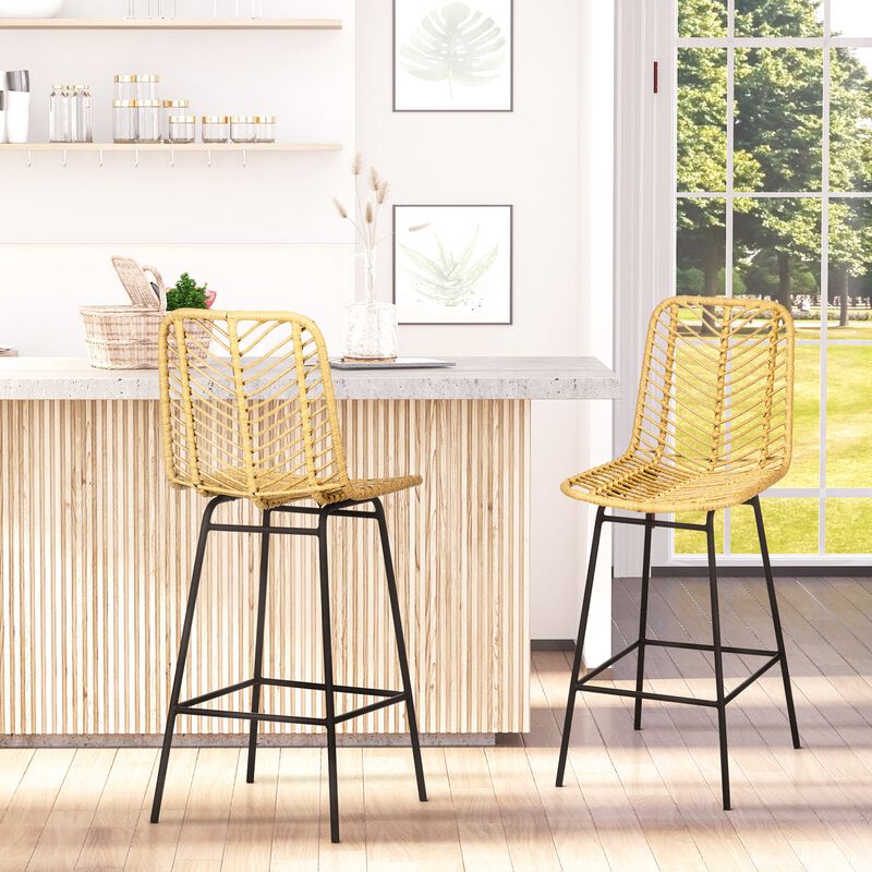 Rattan Bar Seating: Set of 2 Wicker Counter Stools with Steel Frame